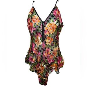 Vintage Victoria’s Secret Lingerie Bodysuit in Floral Gingham Pattern- Size M